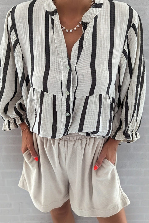 Stripe Crinckled Ruffled Sleeve Button up Loose Shirt
